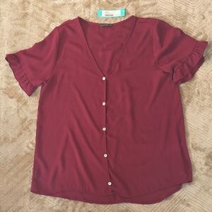 West Kei Maroon V-Neck Blouse with Ruffle Sleeves